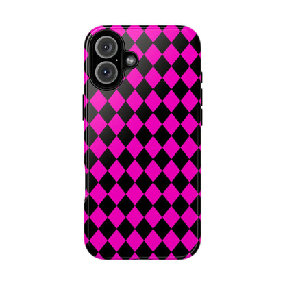 Back side of a vibrant pink black dimond phone case cover with a glossy finish for iphone google s24 and samsung pixel 7