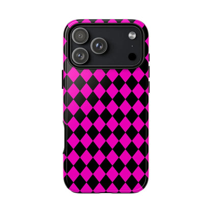 Vibrant pink black dimond phone case cover with a glossy finish shown from the back for iphone google s24 and samsung pixel 7