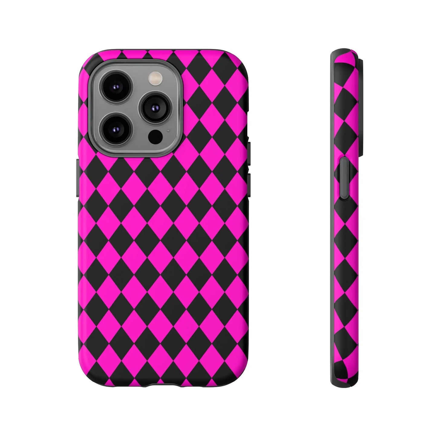 Vibrant pink black dimond phone case cover showing back side designed for iphone 13 pro with diamond pattern