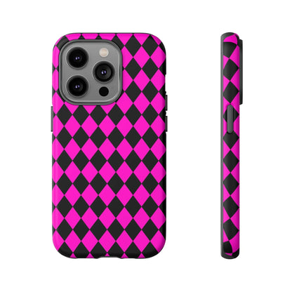 Vibrant pink black dimond phone case cover showing back side designed for iphone 13 pro with diamond pattern
