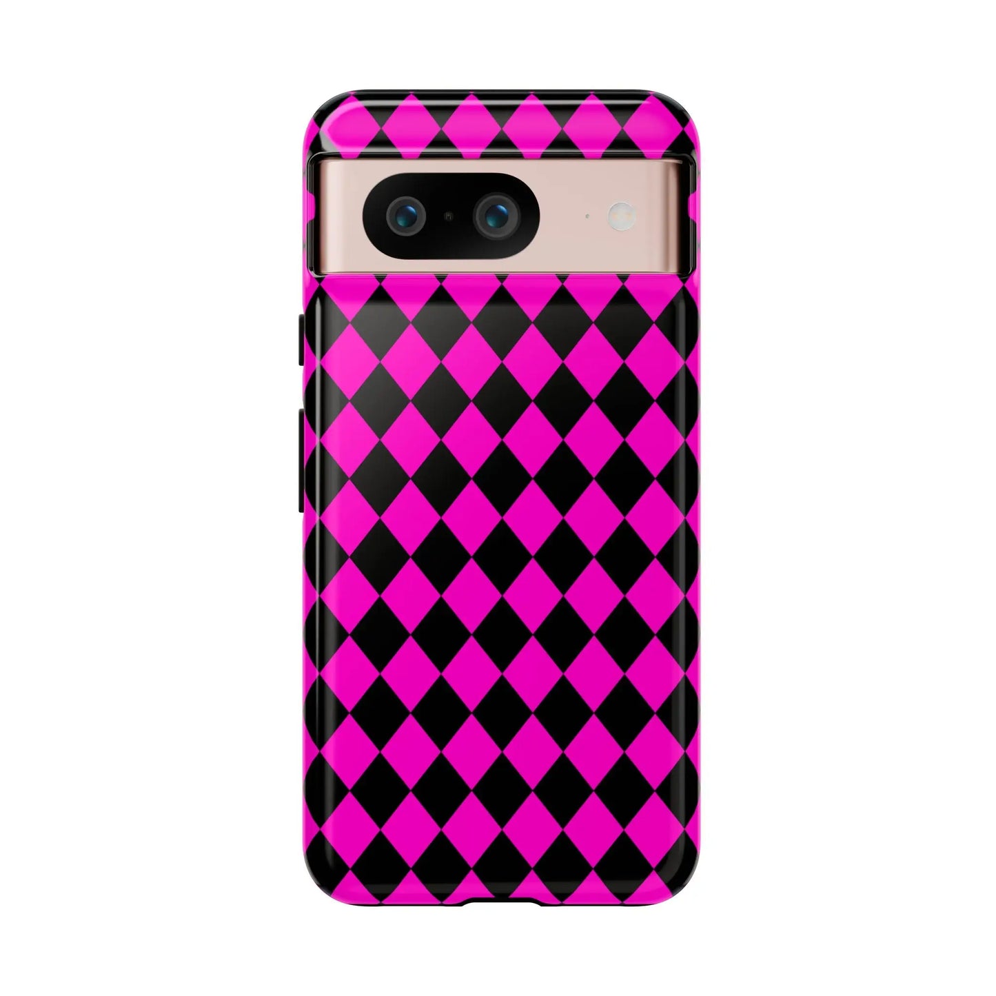 Back side of a vibrant pink black dimond phone case cover with harlequin pattern for iphone google s24 and samsung pixel 7