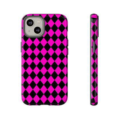 Back side of a vibrant pink black dimond phone case with a sleek protective design for iphone google s24 and samsung pixel 7