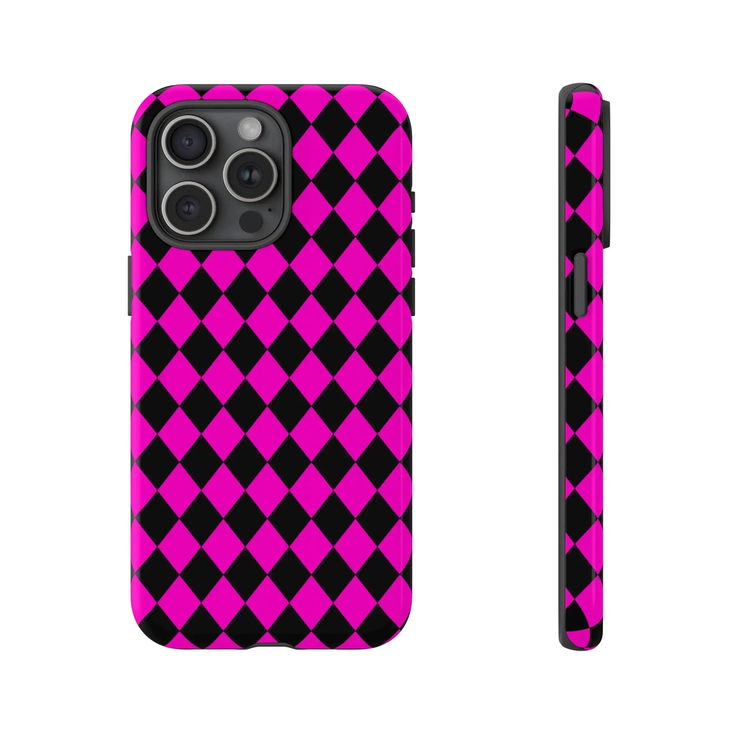 Back of vibrant pink black dimond phone case cover with sleek protective design for iphone google s24 and samsung pixel 7