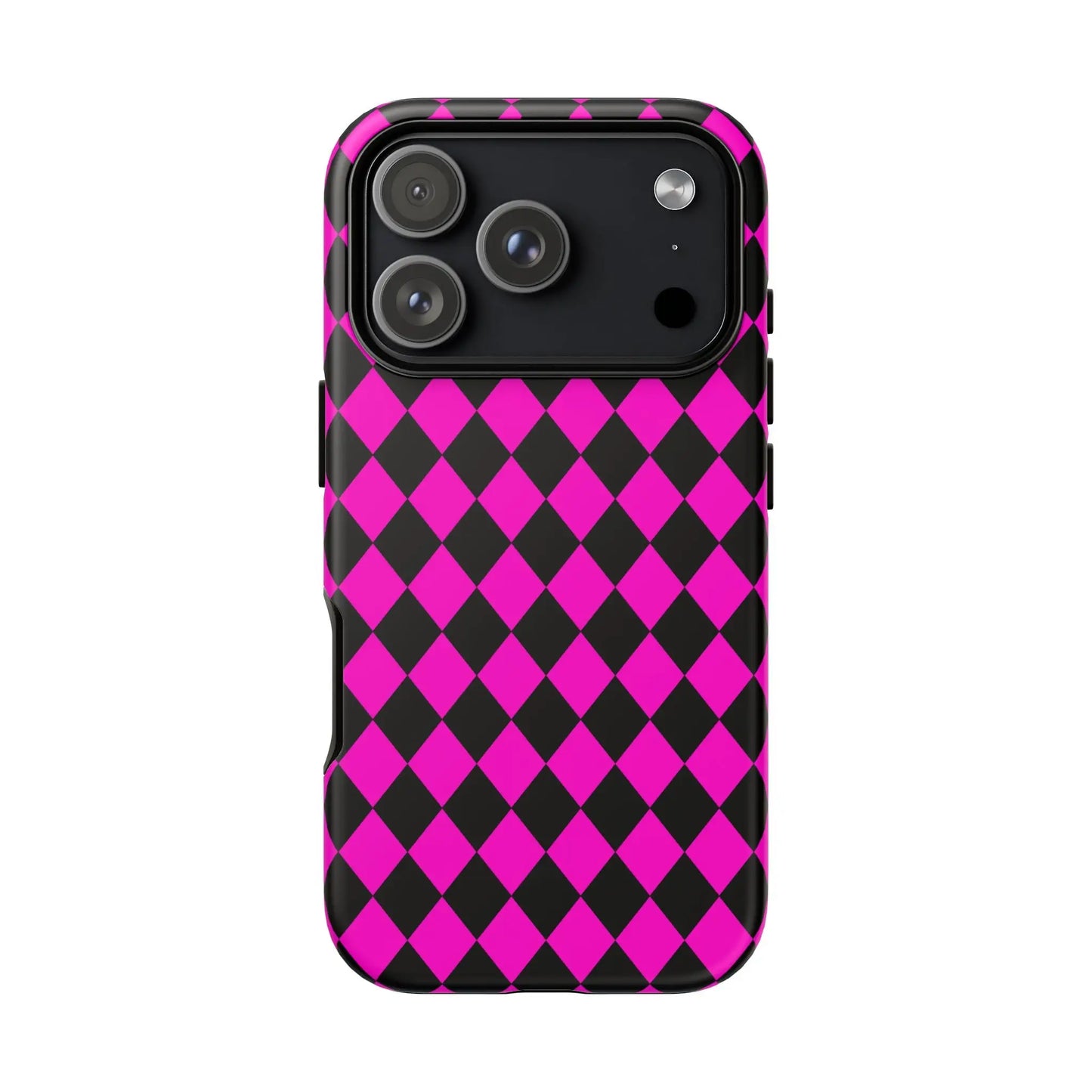 Back side of a vibrant pink black dimond phone case cover with sleek protective design for iPhone Google S24 Samsung Pixel 7