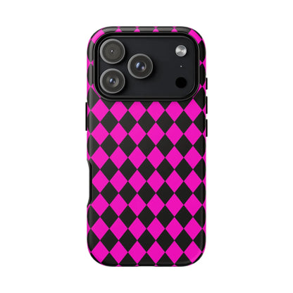 Back side of a vibrant pink black dimond phone case cover with sleek protective design for iPhone Google S24 Samsung Pixel 7