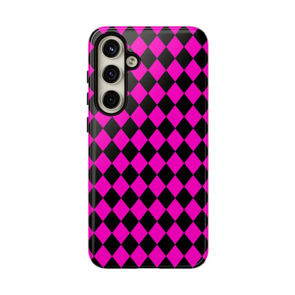 Vibrant pink black dimond phone case cover with glossy finish shown from the back for iphone google s24 and samsung pixel 7