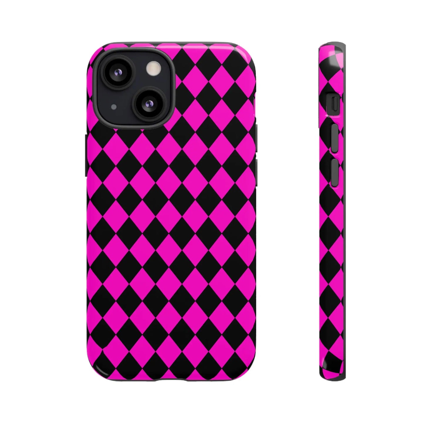 Vibrant pink black dimond phone case cover with glossy finish showing back side for iphone google s24 samsung pixel 7