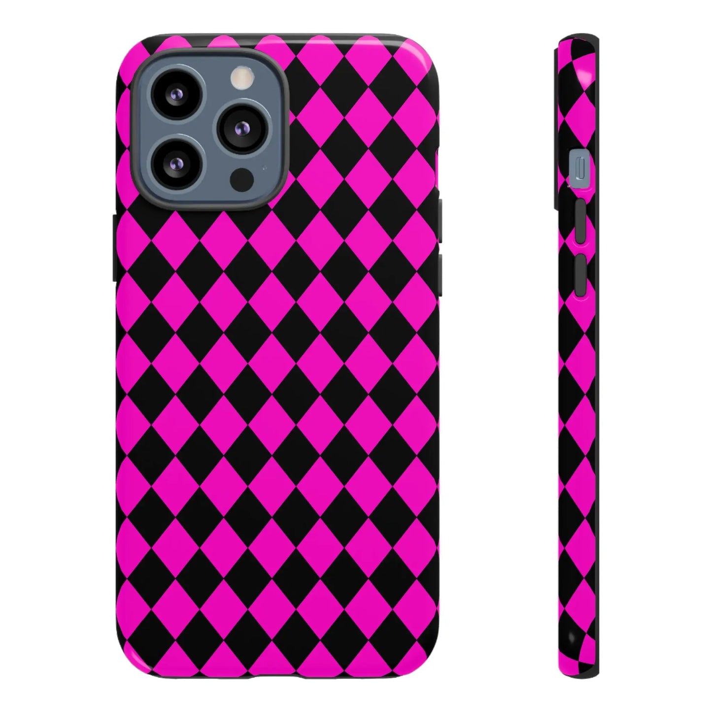 Back side of a vibrant pink black dimond phone case with a sleek glossy finish for iphone google s24 and samsung pixel 7