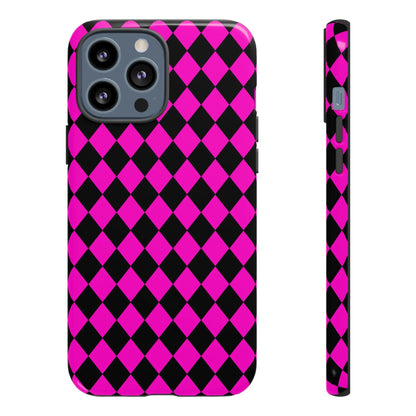 Back side of a vibrant pink black dimond phone case with a sleek glossy finish for iphone google s24 and samsung pixel 7