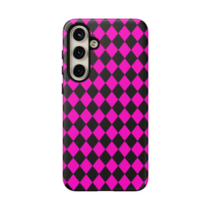 Back side of vibrant pink black dimond phone case cover with sleek glossy finish for iphone google s24 and pixel 7