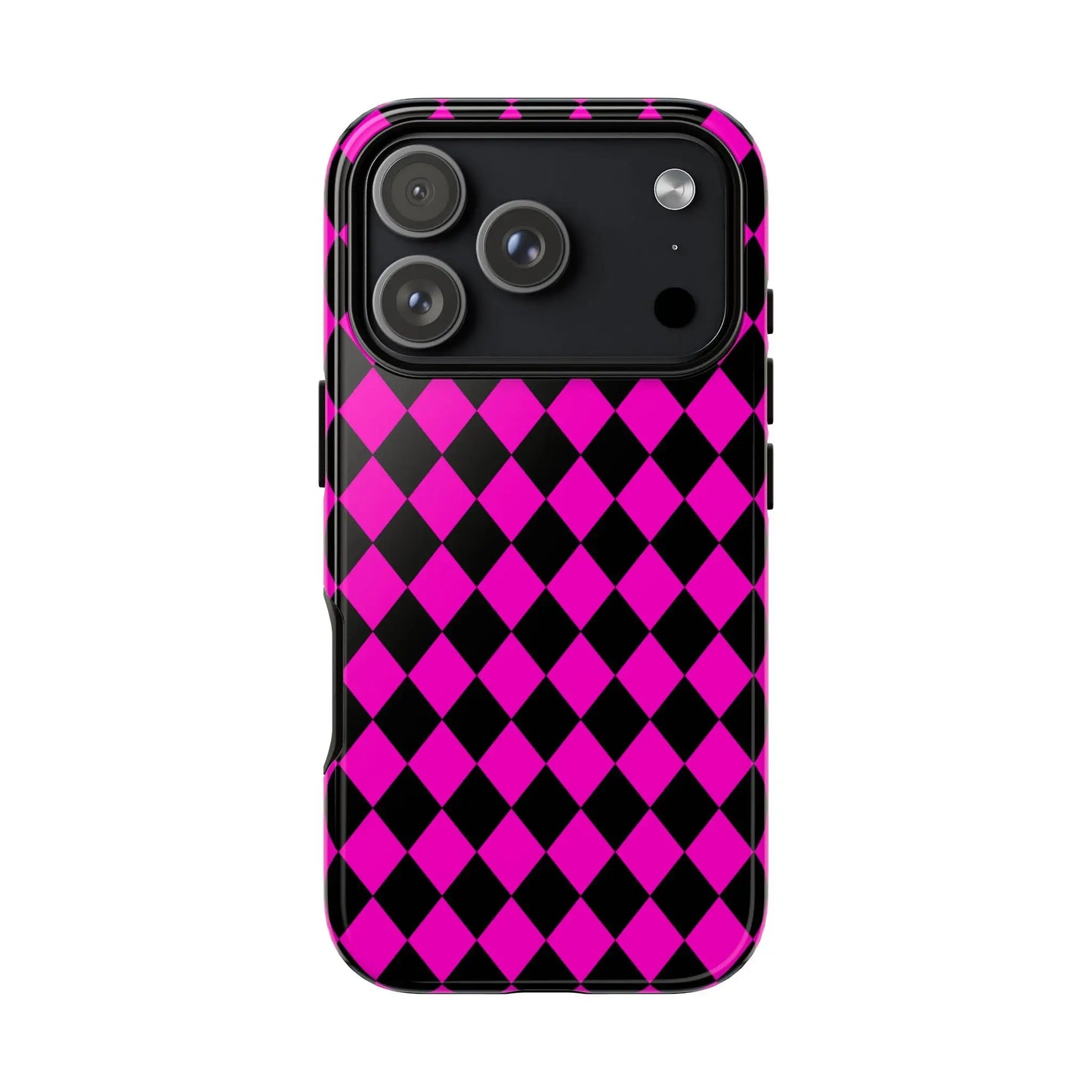 Vibrant pink black dimond phone case cover with glossy finish shown on the back side for iphone google s24 and samsung pixel 7