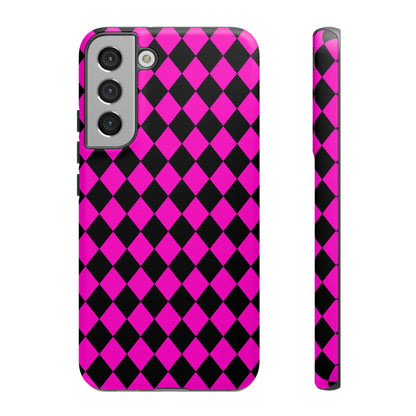 Back view of vibrant pink black dimond phone case cover for samsung galaxy s21 with diamond pattern design