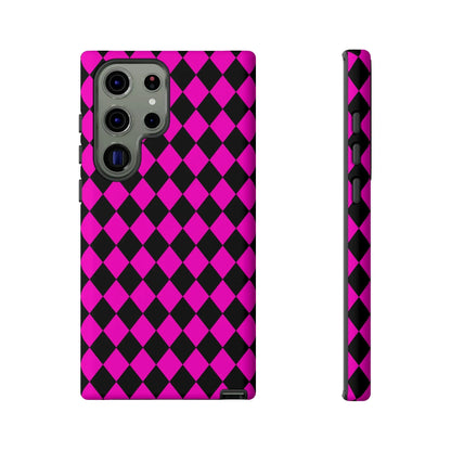 Vibrant pink black dimond phone case cover showing the back for samsung galaxy s23 ultra with diamond pattern