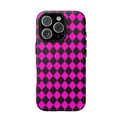 Vibrant pink black dimond phone case cover for iphone 13 pro showing the back side with diamond pattern design