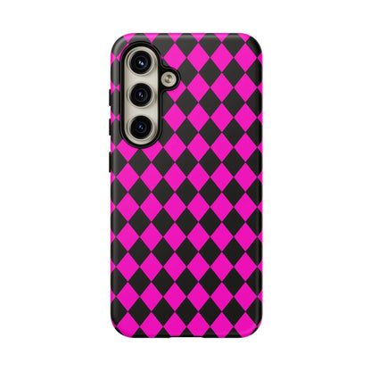 Back side of a vibrant pink black dimond phone case cover for iPhone Google S24 and Samsung Pixel 7