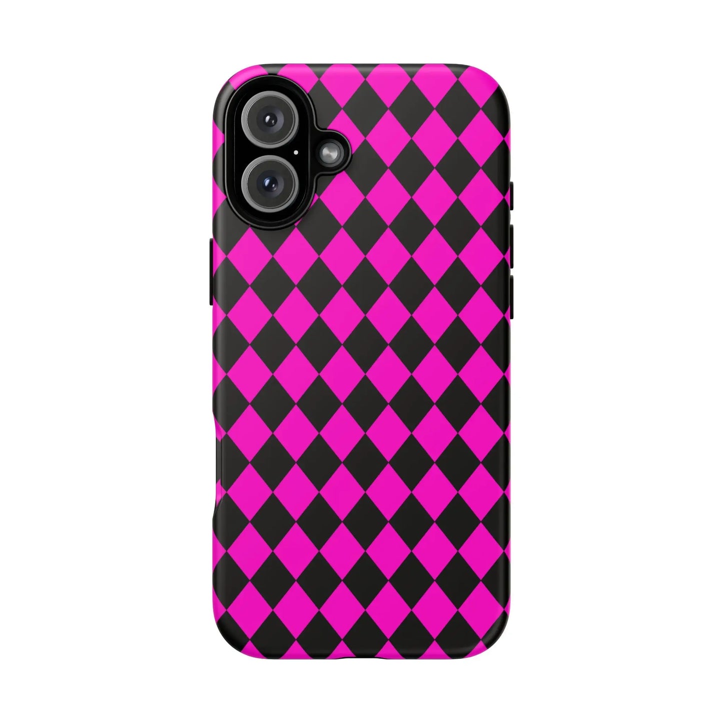 Back side of a sleek pink black dimond phone case cover with vibrant diamond pattern for iphone google s24 and samsung pixel 7