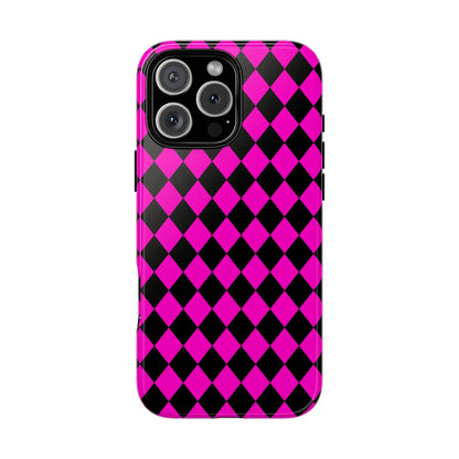 Back side of vibrant pink black dimond phone case cover with glossy finish for iphone google s24 and samsung pixel 7