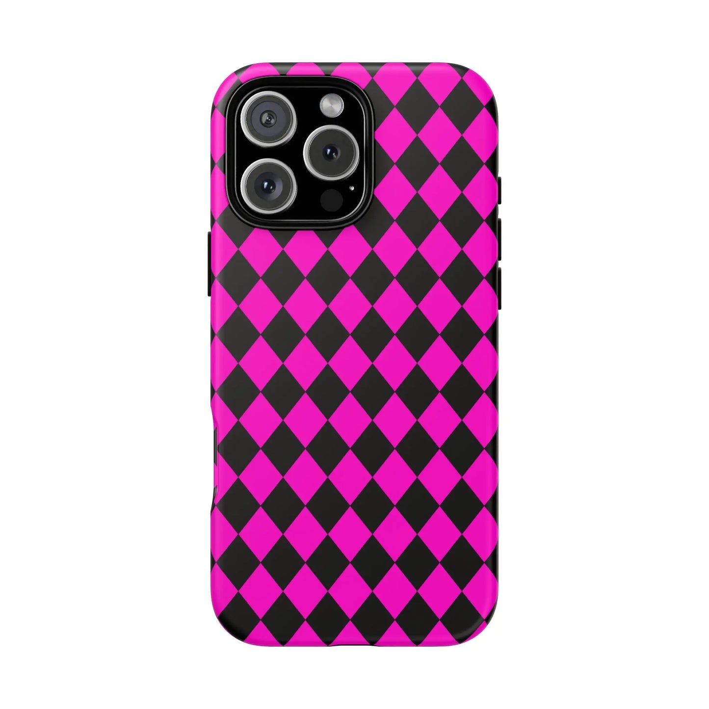 Vibrant pink black dimond phone case cover with glossy finish shown from the back for iphone google s24 and samsung pixel 7