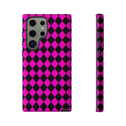 Back side of a vibrant pink black dimond phone case for samsung galaxy s23 ultra with diamond phone case design