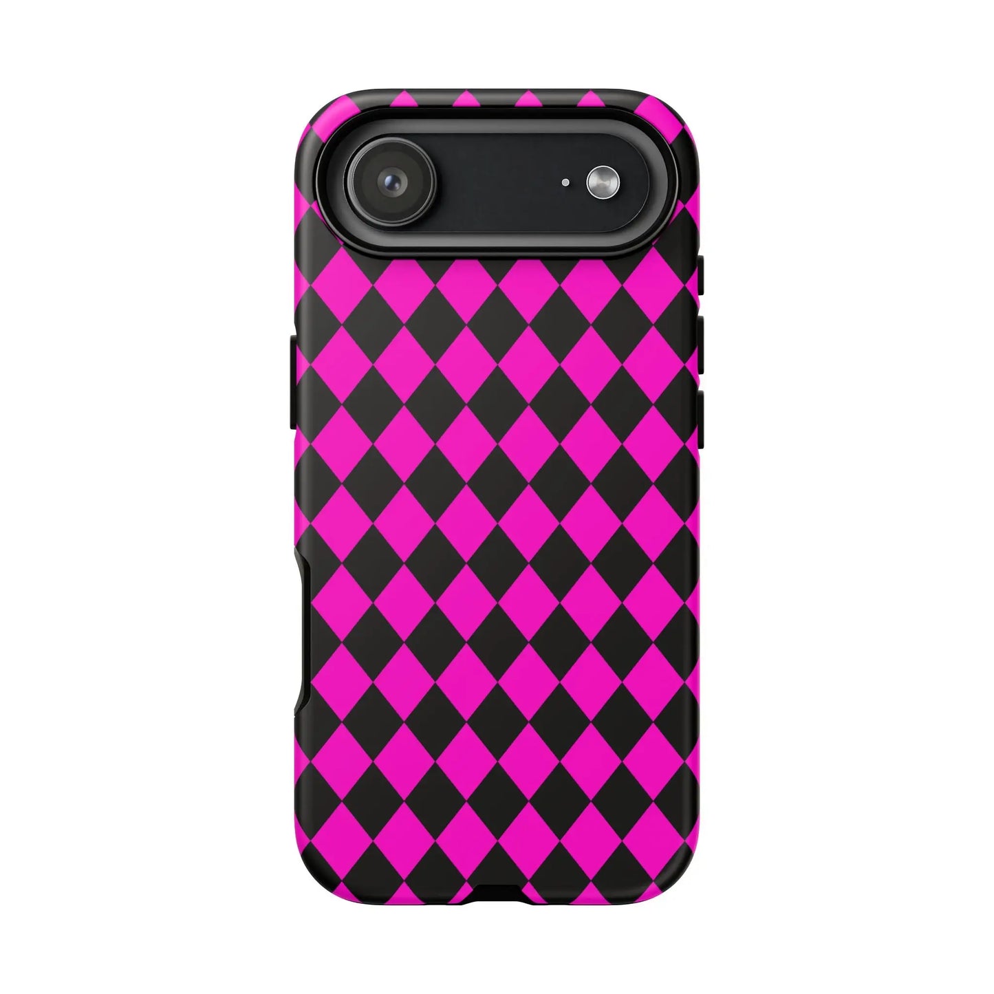 Back side of a vibrant pink black dimond phone case cover with sleek protective design for iphone google s24 and pixel 7