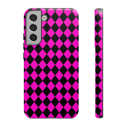 Vibrant pink black dimond phone case featuring a diamond pattern for samsung galaxy s21 back side view