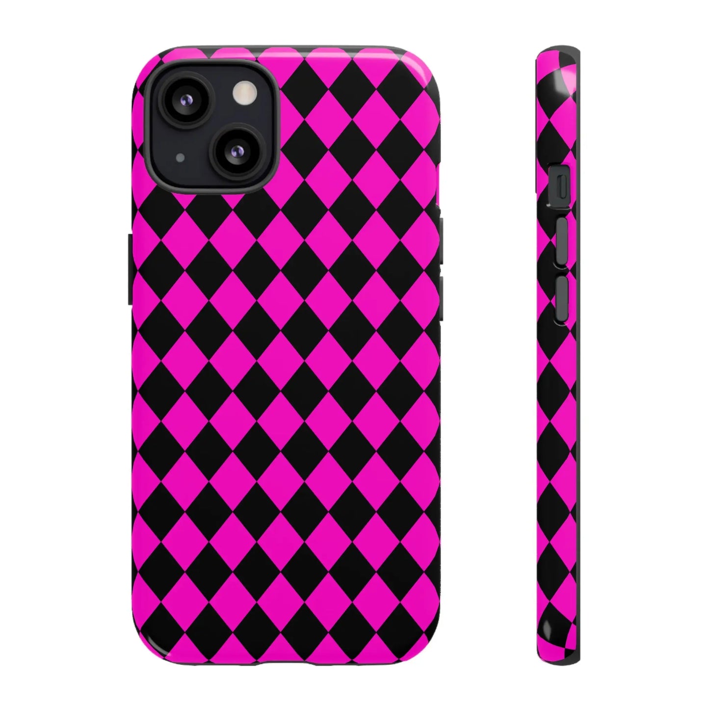 Vibrant pink black dimond phone case cover with diamond pattern for iphone google s24 and samsung pixel 7 back side