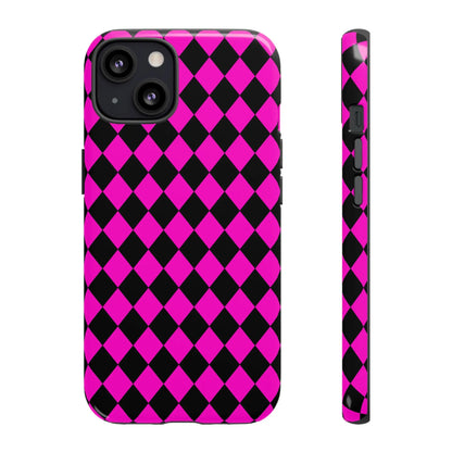 Vibrant pink black dimond phone case cover with diamond pattern for iphone google s24 and samsung pixel 7 back side