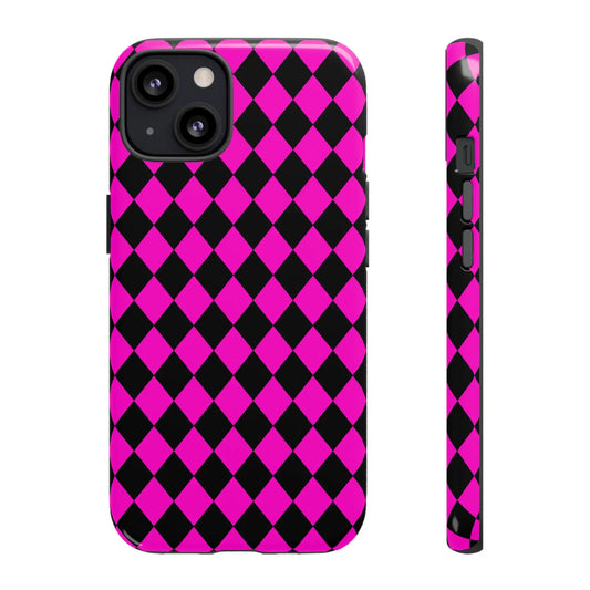 Vibrant pink black dimond phone case cover with diamond pattern for iphone google s24 and samsung pixel 7 back side