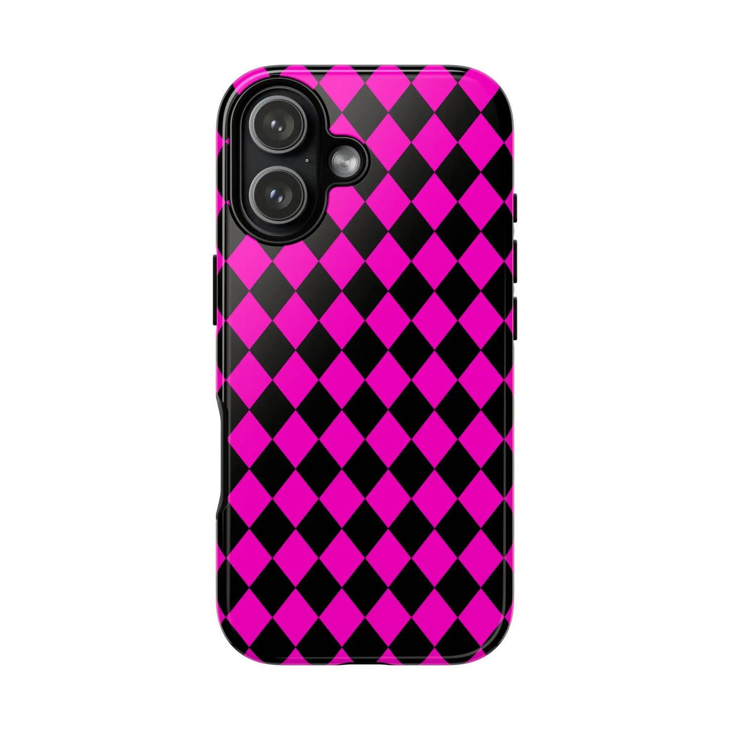 Vibrant pink black dimond phone case with glossy finish showing back side for iphone google s24 and samsung pixel 7