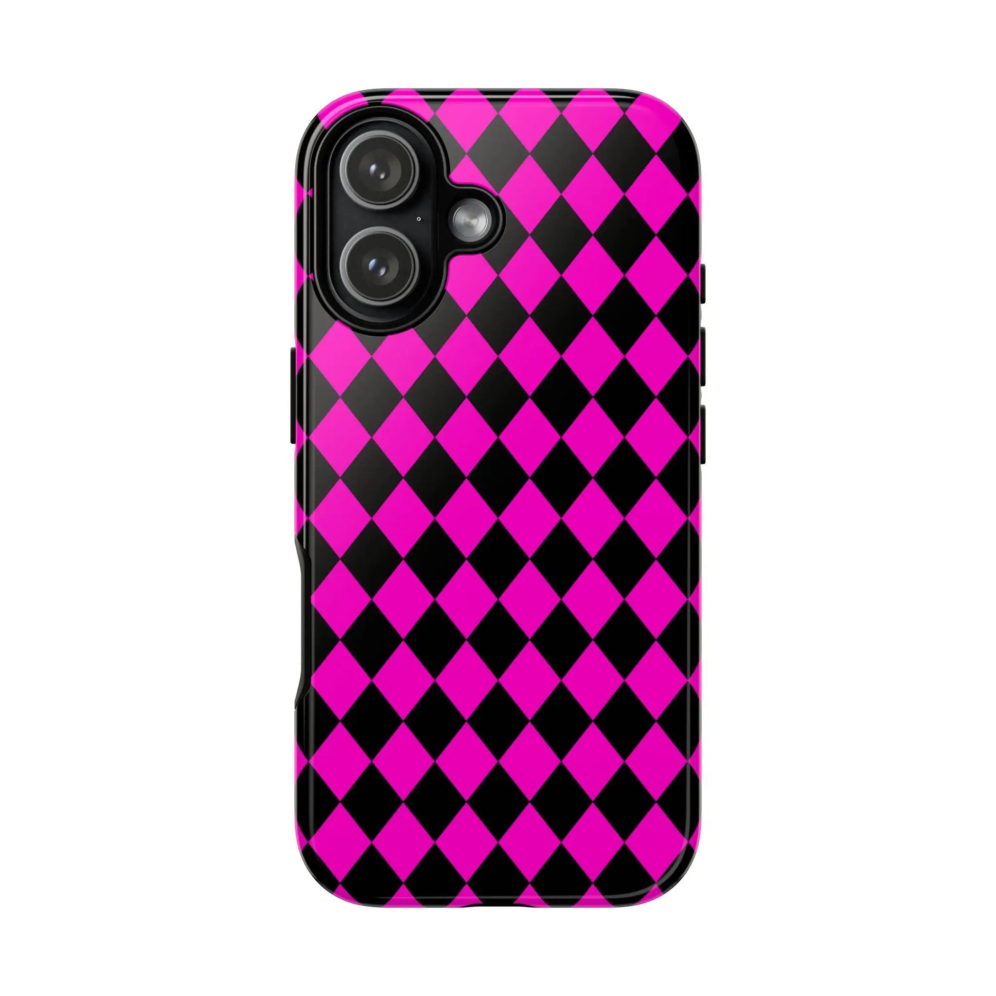 Vibrant pink black dimond phone case with glossy finish showing back side for iphone google s24 and samsung pixel 7