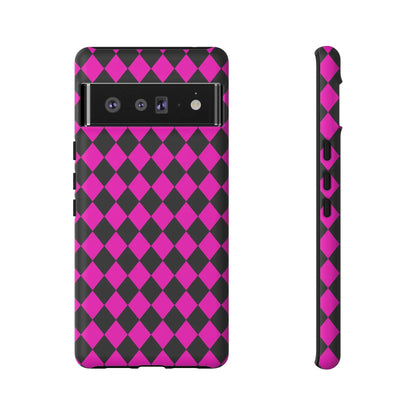 Back side of vibrant pink black dimond phone case cover designed for google pixel 6a with diamond pattern