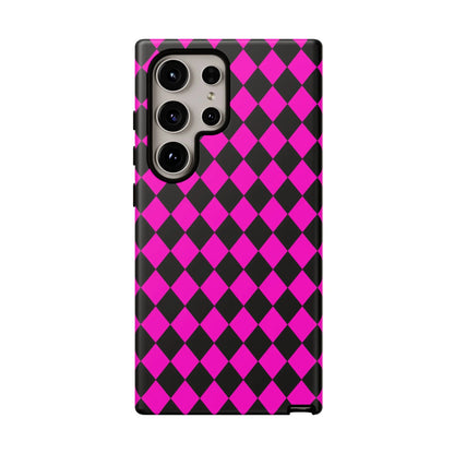 Back side of vibrant pink black dimond phone case cover for samsung galaxy s21 ultra with diamond pattern design