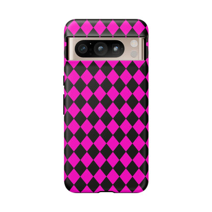 Back view of vibrant pink black dimond phone case cover for iphone google s24 and samsung pixel 7
