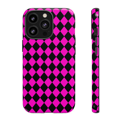 Back side of vibrant pink black dimond phone case cover with glossy finish for iphone google s24 samsung pixel 7
