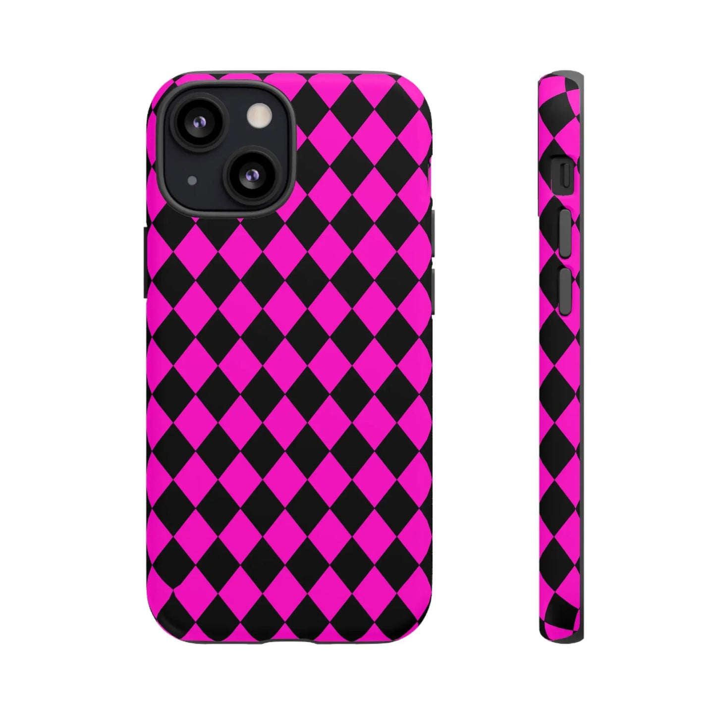 Back side of a sleek pink black dimond phone case cover with harlequin pattern for iphone google s24 and samsung pixel 7