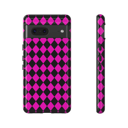 Back side of a vibrant pink black dimond phone case cover with glossy finish for iphone google s24 and samsung pixel 7