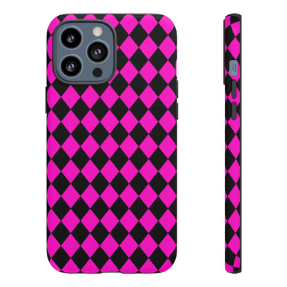 Back side of vibrant pink black dimond phone case cover with sleek protective design for iphone google s24 and samsung pixel 7