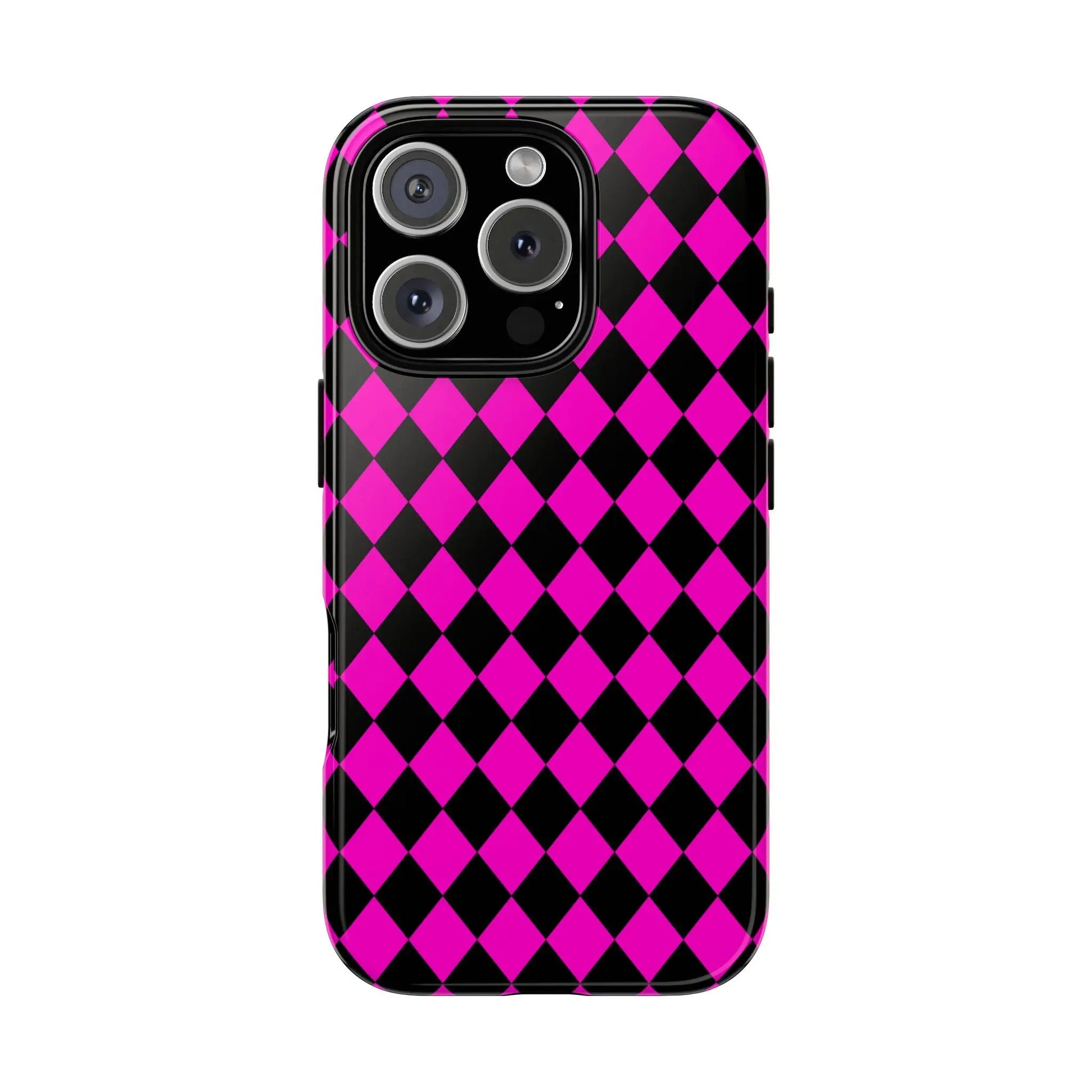 Back side of a vibrant pink black dimond phone case cover designed for iphone 13 pro with diamond pattern