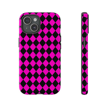 Back side of vibrant pink black dimond phone case cover with sleek protective design for iphone google s24 samsung pixel 7