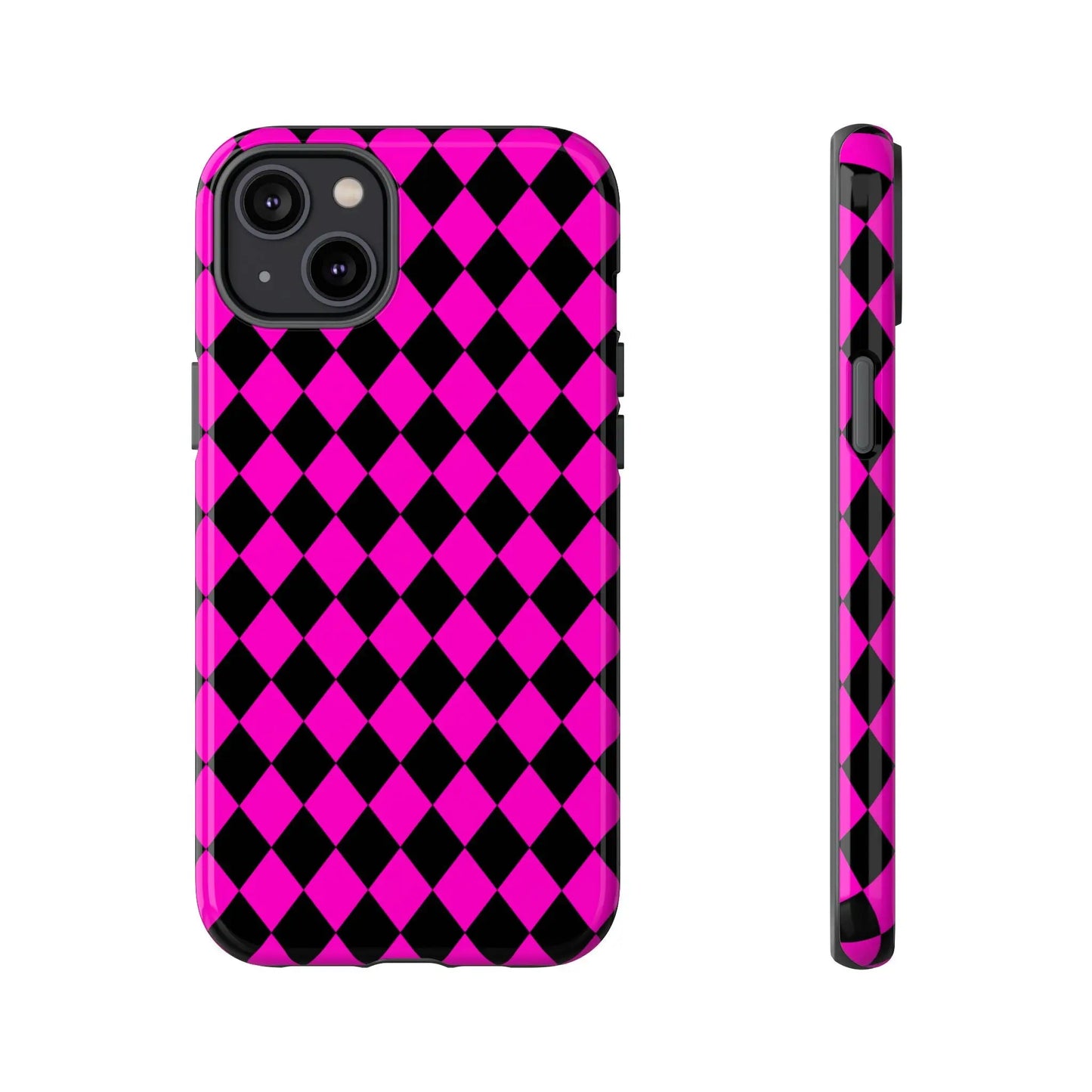 Vibrant pink black dimond phone case cover with sleek protective design shown from the back for iphone google s24 and samsung pixel 7