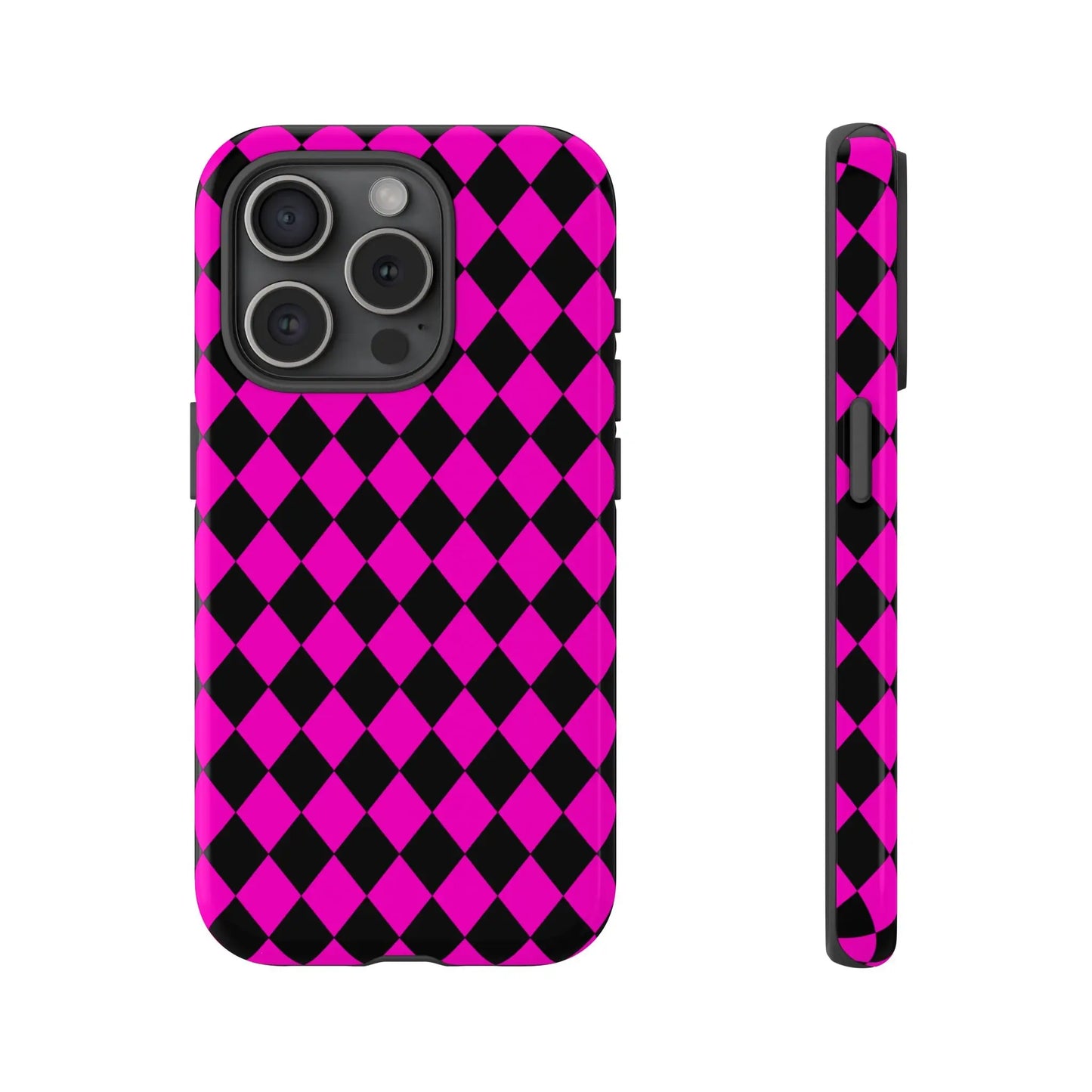 Back view of a sleek pink black dimond phone case cover with a protective design for iphone google s24 and samsung pixel 7