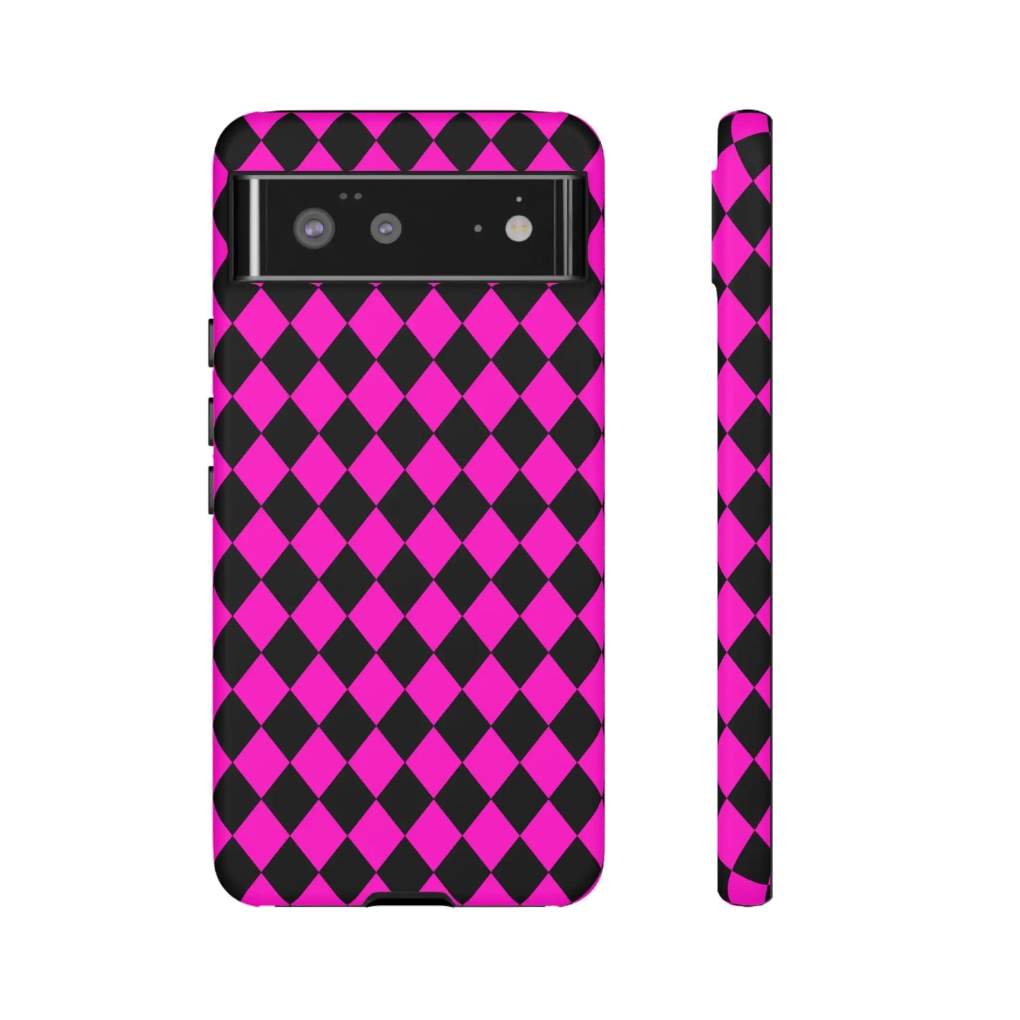 Vibrant pink black dimond phone case cover with harlequin pattern for google pixel 6a shown from back side