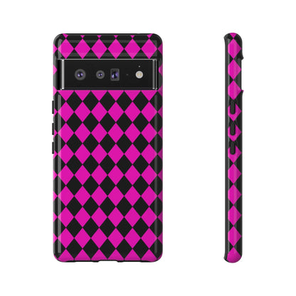Vibrant pink black dimond phone case cover for google pixel 6a with diamond pattern on the back side