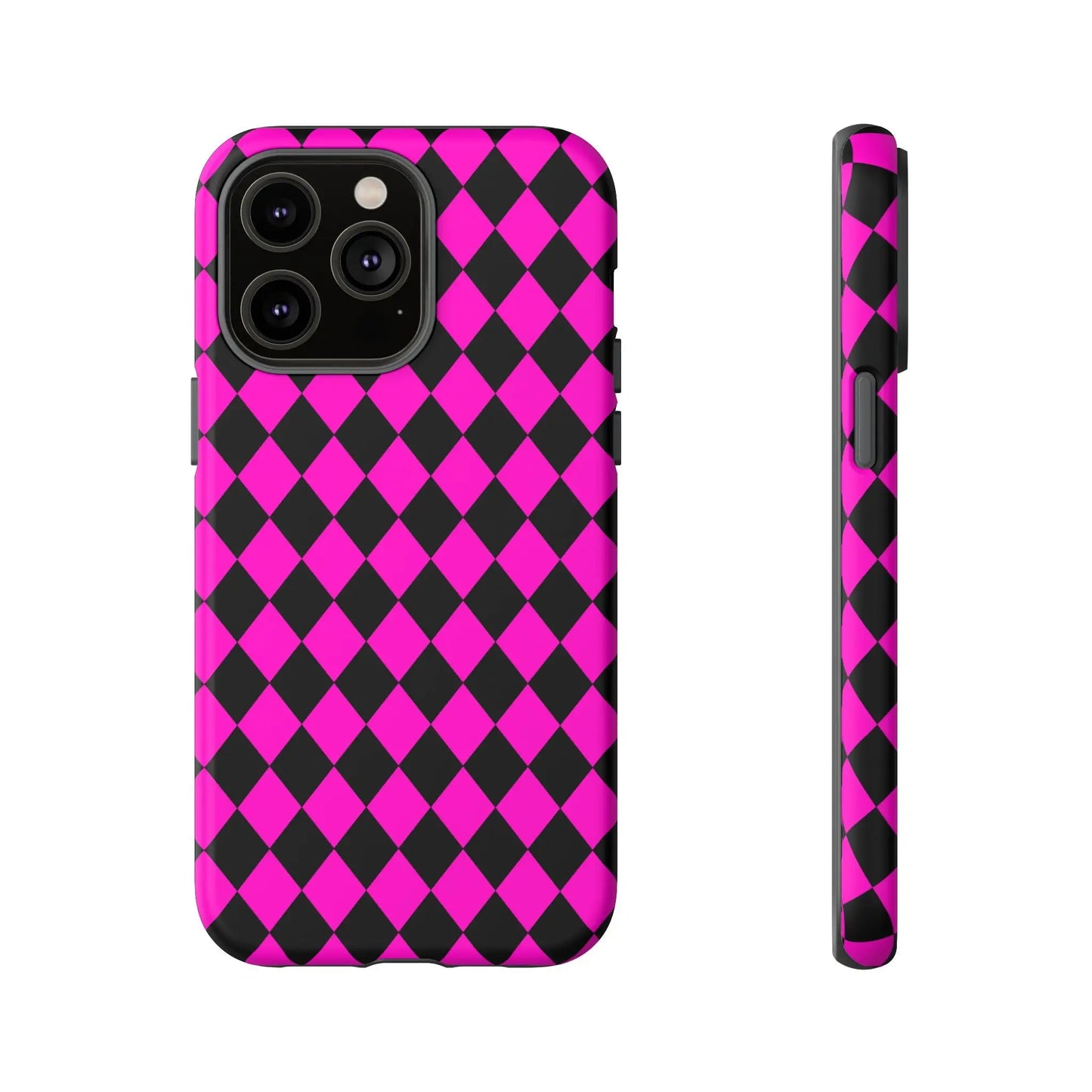 Back view of a vibrant pink black dimond phone case with sleek protective design for iphone google s24 samsung pixel 7