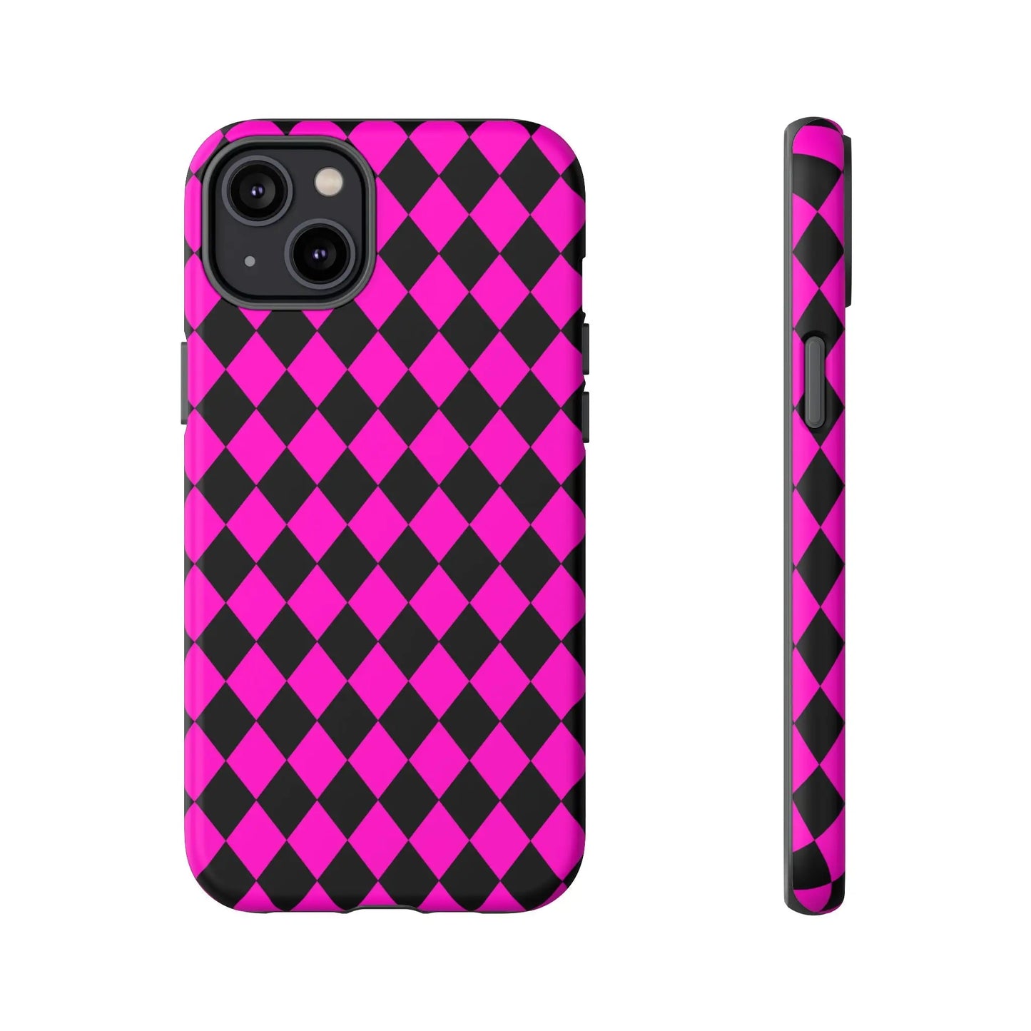 Back side of vibrant pink black dimond phone case cover with sleek protective design for iphone google s24 samsung pixel 7