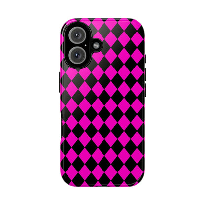Back side of vibrant pink black dimond phone case cover with glossy finish for iPhone Google S24 and Samsung Pixel 7