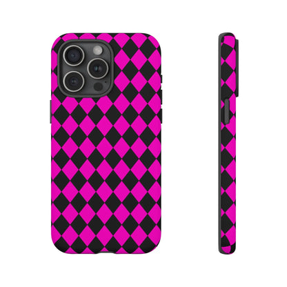 Vibrant pink black dimond phone case cover for iphone 13 pro showing the back side design with a diamond pattern