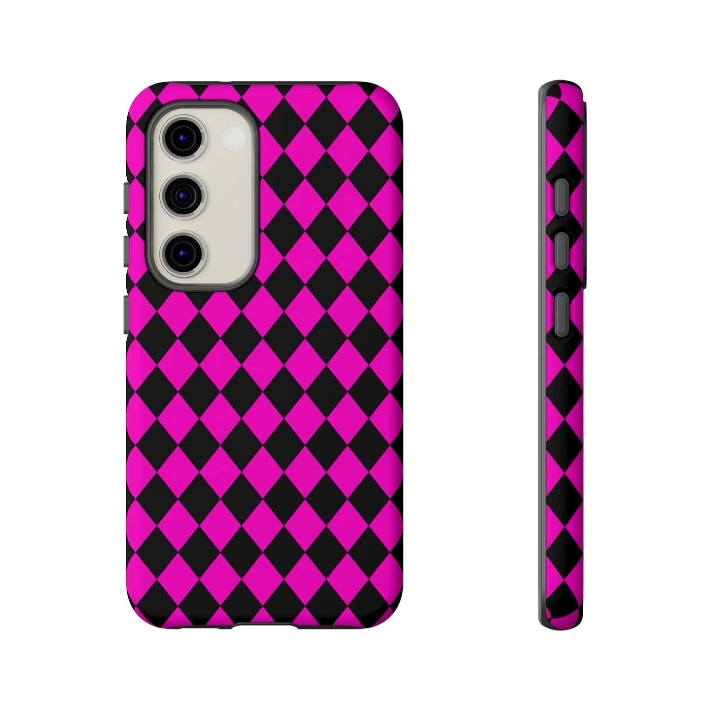Back side of a vibrant pink black dimond phone case cover with sleek protective design for iphone google s24 and samsung pixel 7