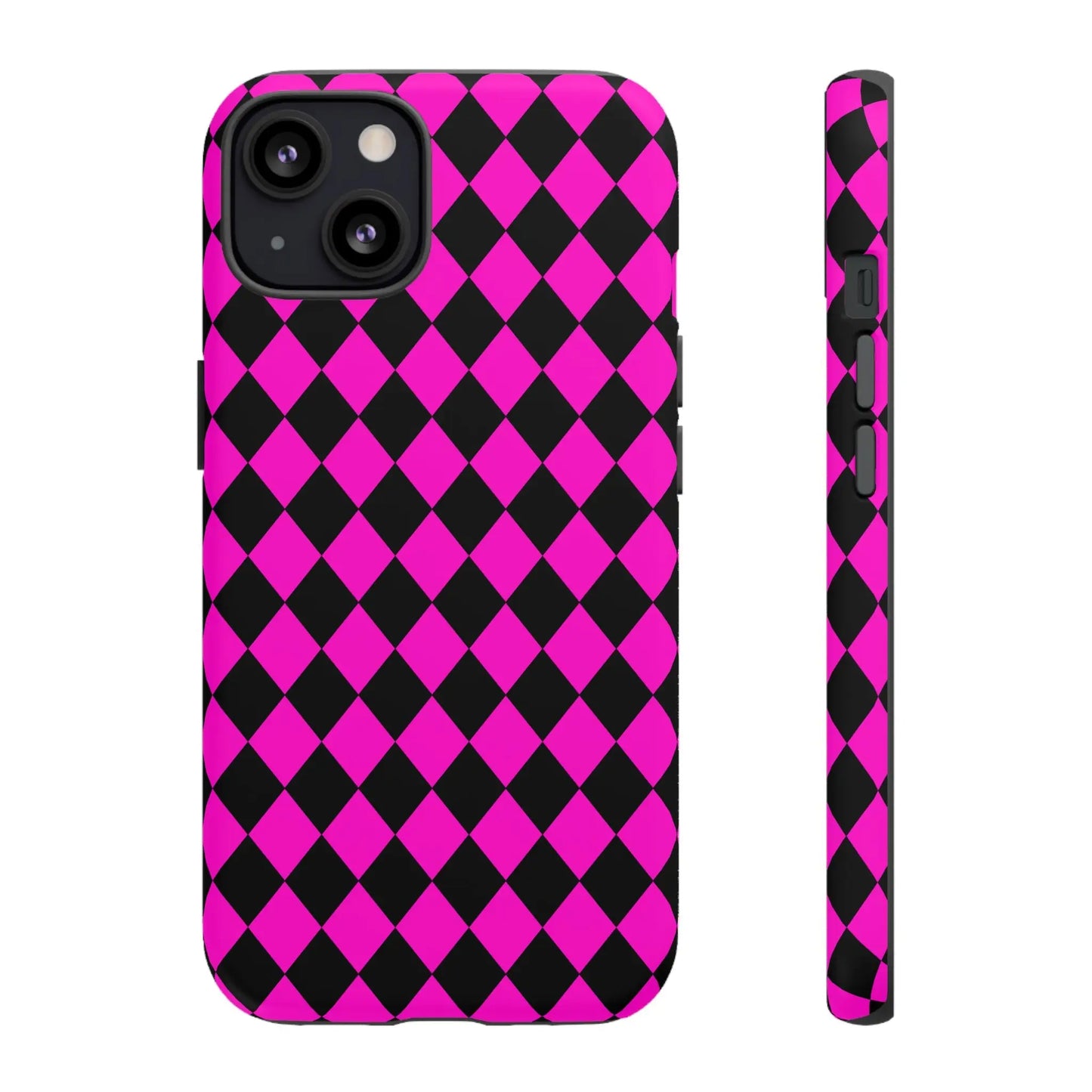 Back side of a vibrant pink black dimond phone case cover with sleek protective design for iphone google s24 and samsung pixel 7