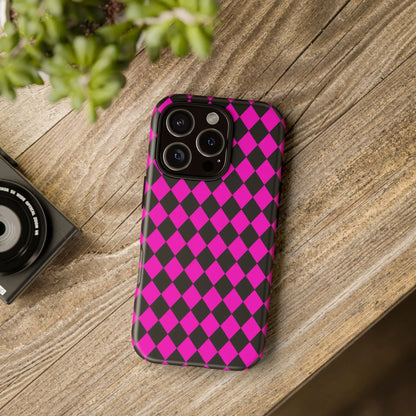 Back side of a vibrant pink black dimond phone case cover with sleek protective design for iphone google s24 and samsung pixel 7